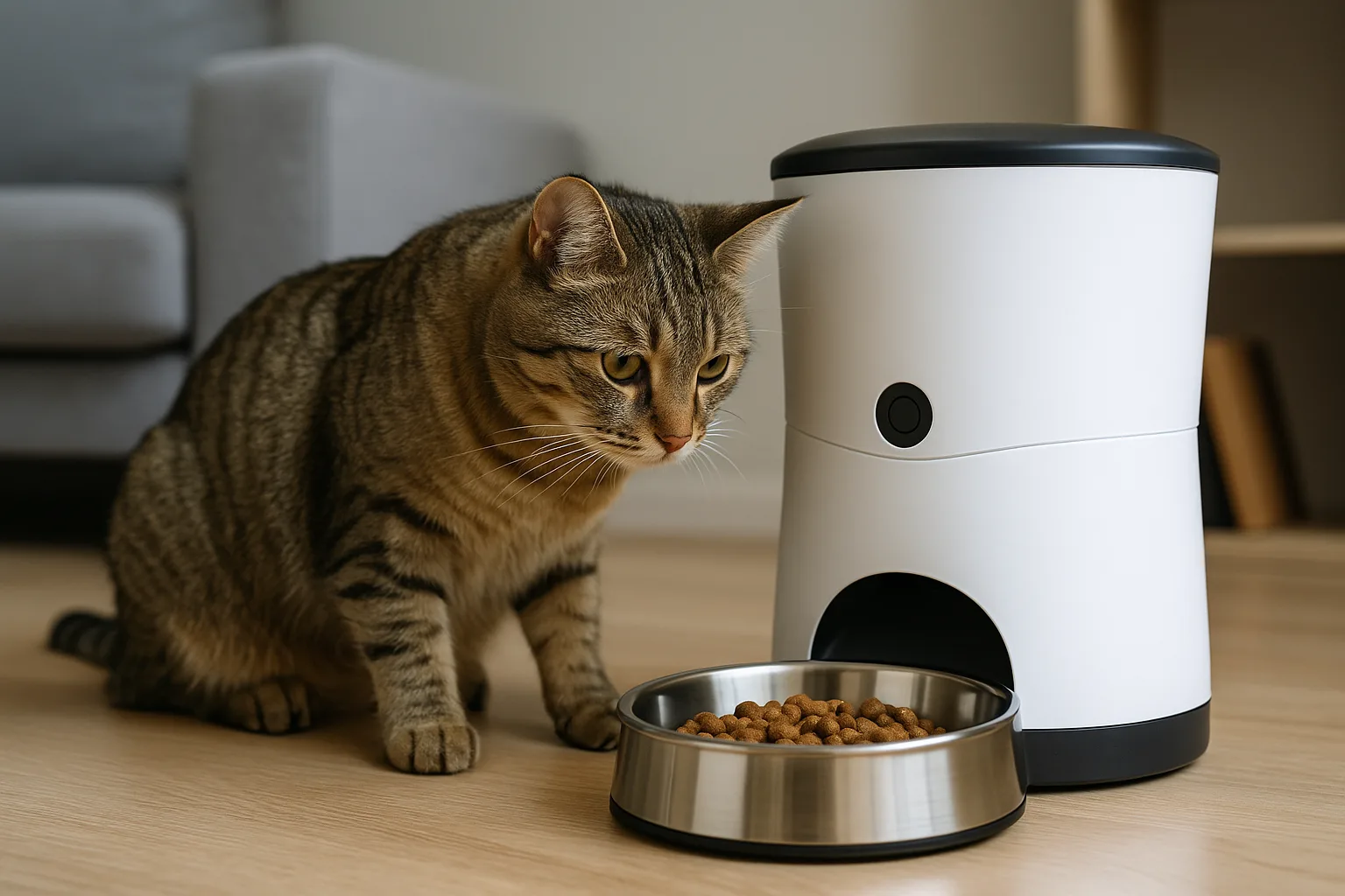 Für alle, die Katzen lieben Getigerte Katze frisst Trockenfutter aus Futterautomat im Wohnzimmer – Tipps zum richtigen Katzen Futterautomat.