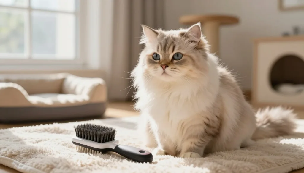 A beautifully detailed scene featuring a fluffy long-haired cat sitting calmly on a soft, plush blanket. In the foreground, a high-quality grooming brush with fine bristles is positioned next to the cat, emphasizing the importance of selecting the right brush for long-haired pets. The cat's fur glistens softly in warm, natural light that filters through a nearby window, creating gentle highlights on its luxurious coat. In the background, a cozy room is softly blurred, adorned with pet care accessories like a cat bed and toys, enhancing the serene atmosphere. The overall mood is calm and inviting, conveying a stress-free grooming experience. The image should be ultra-realistic, capturing the textures and subtleties of the cat's fur and surrounding environment. A beautifully detailed scene featuring a fluffy long-haired cat sitting calmly on a soft, plush blanket. In the foreground, a high-quality grooming brush with fine bristles is positioned next to the cat, emphasizing the importance of selecting the right brush for long-haired pets. The cat's fur glistens softly in warm, natural light that filters through a nearby window, creating gentle highlights on its luxurious coat. In the background, a cozy room is softly blurred, adorned with pet care accessories like a cat bed and toys, enhancing the serene atmosphere. The overall mood is calm and inviting, conveying a stress-free grooming experience. The image should be ultra-realistic, capturing the textures and subtleties of the cat's fur and surrounding environment.