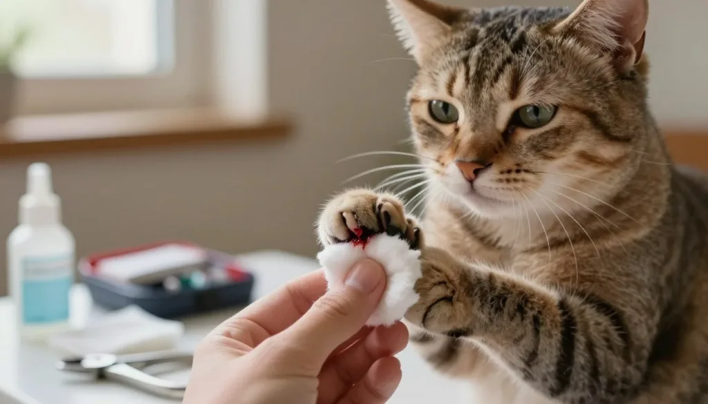 A close-up image of a calm domestic cat with its paw gently elevated, showing a small amount of blood at the tip of its claw. The foreground features a skilled, gentle hand applying pressure with a cotton ball to stop the bleeding, emphasizing care and tenderness. In the middle ground, a slightly blurred veterinary toolkit can be seen, including antiseptic wipes and nail clippers, highlighting the context of pet care. The background is a soft, neutral-toned room that evokes a cozy and safe environment. The lighting is warm and natural, coming from a window, creating a reassuring atmosphere. The image conveys a sense of compassion and safety in handling a delicate situation without causing distress to the animal. A close-up image of a calm domestic cat with its paw gently elevated, showing a small amount of blood at the tip of its claw. The foreground features a skilled, gentle hand applying pressure with a cotton ball to stop the bleeding, emphasizing care and tenderness. In the middle ground, a slightly blurred veterinary toolkit can be seen, including antiseptic wipes and nail clippers, highlighting the context of pet care. The background is a soft, neutral-toned room that evokes a cozy and safe environment. The lighting is warm and natural, coming from a window, creating a reassuring atmosphere. The image conveys a sense of compassion and safety in handling a delicate situation without causing distress to the animal.