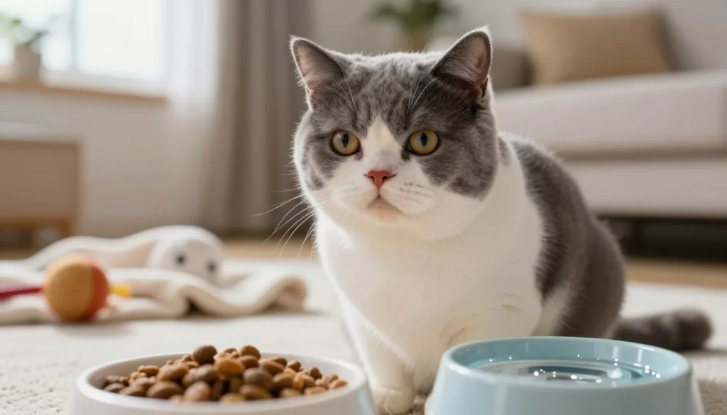 A close-up of a concerned domestic cat sitting in a cozy, well-lit living room. The cat, with a fluffy coat in gray and white, looks slightly distressed, its eyes wide and expressive. In the foreground, a food bowl is visible, partially full of dry kibble, and a water bowl with sparkling clear water, indicating a lack of interest in eating or drinking. In the middle ground, a soft blanket and a few toys are scattered around, hinting at the cat's usual playful nature. The background features a warm, inviting window with sunlight streaming in, creating a calm atmosphere. The mood is subtly tense, capturing the essence of a pet in need of attention, with an emphasis on the cat’s unusual behavior reflecting potential health issues.