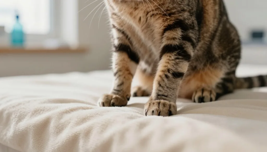 A close-up of a tabby cat sitting calmly on a soft, cream-colored blanket. The cat's front paws are slightly extended, showcasing its sharp, well-groomed claws. In the background, a subtle suggestion of a veterinary office with soft, natural lighting filtering through a window, creating a warm atmosphere. The focus is on the cat's claws and paws, highlighting their importance in a serene setting. The image captures a tranquil moment, evoking a sense of care and attention for pet grooming, with delicate shadows enhancing the cat’s features. The overall mood is peaceful and inviting, encouraging responsible pet ownership. A close-up of a tabby cat sitting calmly on a soft, cream-colored blanket. The cat's front paws are slightly extended, showcasing its sharp, well-groomed claws. In the background, a subtle suggestion of a veterinary office with soft, natural lighting filtering through a window, creating a warm atmosphere. The focus is on the cat's claws and paws, highlighting their importance in a serene setting. The image captures a tranquil moment, evoking a sense of care and attention for pet grooming, with delicate shadows enhancing the cat’s features. The overall mood is peaceful and inviting, encouraging responsible pet ownership.