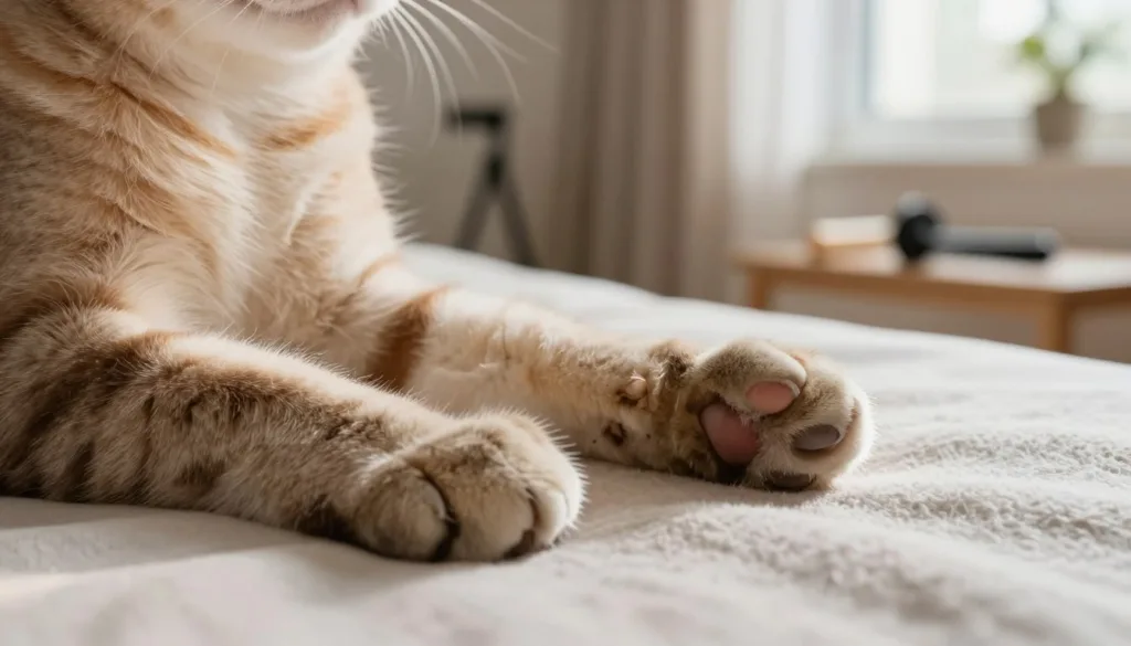 A close-up, ultra-realistic depiction of a cat's paws resting gently on a soft, light-colored blanket, showcasing the delicate texture of the fur and the subtle variations in color. The foreground emphasizes the cat's rounded paw pads and neatly trimmed claws, highlighting their cleanliness and health. In the middle ground, a cozy, well-lit room is softly blurred, with warm, natural light filtering in from a nearby window, creating a serene atmosphere. The background features minimalistic pet grooming tools artistically arranged, suggesting a stress-free grooming environment. The overall mood is calm and inviting, signifying a peaceful bonding moment between the cat and its owner. A close-up, ultra-realistic depiction of a cat's paws resting gently on a soft, light-colored blanket, showcasing the delicate texture of the fur and the subtle variations in color. The foreground emphasizes the cat's rounded paw pads and neatly trimmed claws, highlighting their cleanliness and health. In the middle ground, a cozy, well-lit room is softly blurred, with warm, natural light filtering in from a nearby window, creating a serene atmosphere. The background features minimalistic pet grooming tools artistically arranged, suggesting a stress-free grooming environment. The overall mood is calm and inviting, signifying a peaceful bonding moment between the cat and its owner.