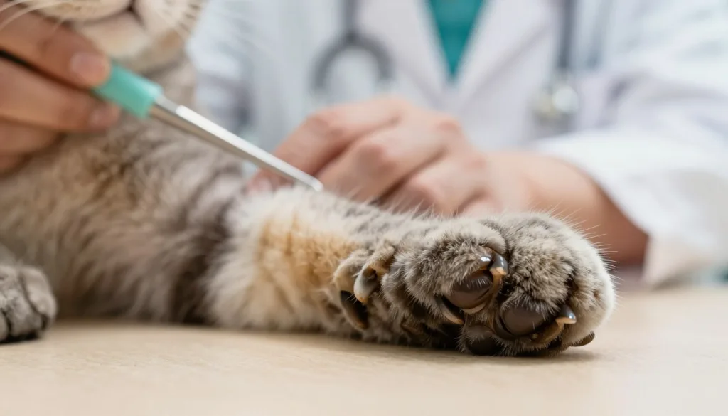 A close-up, ultra-realistic image of a cat’s paw with dark, shiny claws partially extended. The foreground focuses on the paw, showcasing intricate details of the fur and the structure of the claws, emphasizing their glossy surface against a soft, neutral-toned surface. In the middle, softly blurred, there is a faint image of a veterinarian gently holding the cat’s paw, wearing a white coat, conveying a calm and caring atmosphere. The background features a softly lit, professional veterinary clinic with blurred instruments and pastel colors, enhancing the mood of safety and reassurance. Warm, diffused lighting emphasizes the textures and creates an inviting feel, capturing the essence of a delicate, yet crucial moment in cat care. A close-up, ultra-realistic image of a cat’s paw with dark, shiny claws partially extended. The foreground focuses on the paw, showcasing intricate details of the fur and the structure of the claws, emphasizing their glossy surface against a soft, neutral-toned surface. In the middle, softly blurred, there is a faint image of a veterinarian gently holding the cat’s paw, wearing a white coat, conveying a calm and caring atmosphere. The background features a softly lit, professional veterinary clinic with blurred instruments and pastel colors, enhancing the mood of safety and reassurance. Warm, diffused lighting emphasizes the textures and creates an inviting feel, capturing the essence of a delicate, yet crucial moment in cat care.