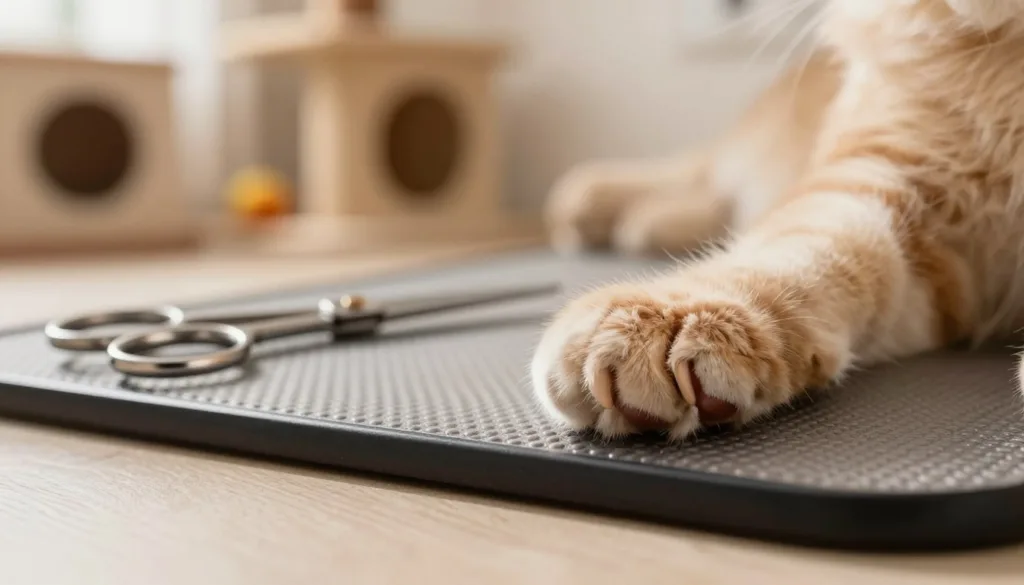 A close-up, ultra-realistic image of a cat's paw with prominently displayed, well-groomed claws. The foreground features a soft, natural-looking furry paw, tilted slightly to show the delicate claws glistening under warm, soft light. In the middle ground, include a pair of professional grooming scissors resting beside a gentle, fur-trimmed cat grooming mat, suggesting a calm grooming environment. The background exhibits a blurred, cozy living room setting with warm lighting, a cat tree, and a few toys, evoking a sense of tranquility during the grooming process. The overall atmosphere should be peaceful and reassuring, emphasizing the importance of nail care for feline health and comfort. A close-up, ultra-realistic image of a cat's paw with prominently displayed, well-groomed claws. The foreground features a soft, natural-looking furry paw, tilted slightly to show the delicate claws glistening under warm, soft light. In the middle ground, include a pair of professional grooming scissors resting beside a gentle, fur-trimmed cat grooming mat, suggesting a calm grooming environment. The background exhibits a blurred, cozy living room setting with warm lighting, a cat tree, and a few toys, evoking a sense of tranquility during the grooming process. The overall atmosphere should be peaceful and reassuring, emphasizing the importance of nail care for feline health and comfort.