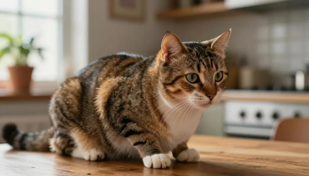 A close-up, ultra-realistic image of a domestic cat, showcasing its natural hunting instincts. In the foreground, the cat is perched confidently on a wooden table, its body tense and alert, with its gaze focused on a distant object, perhaps a toy or a movement off-screen. Its fur is vividly detailed, with a glossy shine that reflects soft, warm lighting coming from a nearby window, creating gentle highlights on its coat. In the middle ground, there is a subtle suggestion of a cozy home environment, featuring potted plants and a blurred kitchen area, enhancing the atmosphere of a serene domestic space. The background is softly out of focus, allowing the cat to remain the focal point, embodying curiosity and the instinctual behavior of a predator. The mood is tranquil yet alert, illustrating the natural tendencies of cats in a home setting.