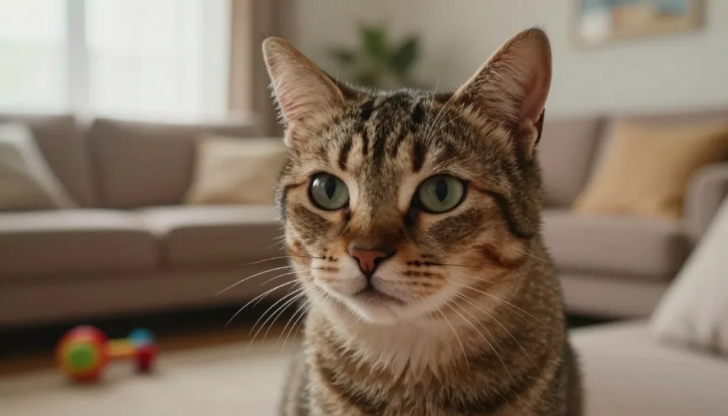 A close-up, ultra-realistic portrayal of a domestic cat exhibiting subtle signs of behavioral changes, positioned in the foreground. The cat has expressive eyes, showing curiosity and slight distress, with fur slightly ruffled to indicate anxiety or discomfort. In the middle ground, a cozy living room setting is visible, featuring plush furnishings and toys, conveying a sense of home. Soft, warm lighting from a nearby window illuminates the space, enhancing a tranquil atmosphere. In the background, blurred household items suggest a familiar environment, allowing focus on the cat's unusual behavior. The overall mood is reflective and gentle, emphasizing the importance of recognizing early signs of health issues in pets.