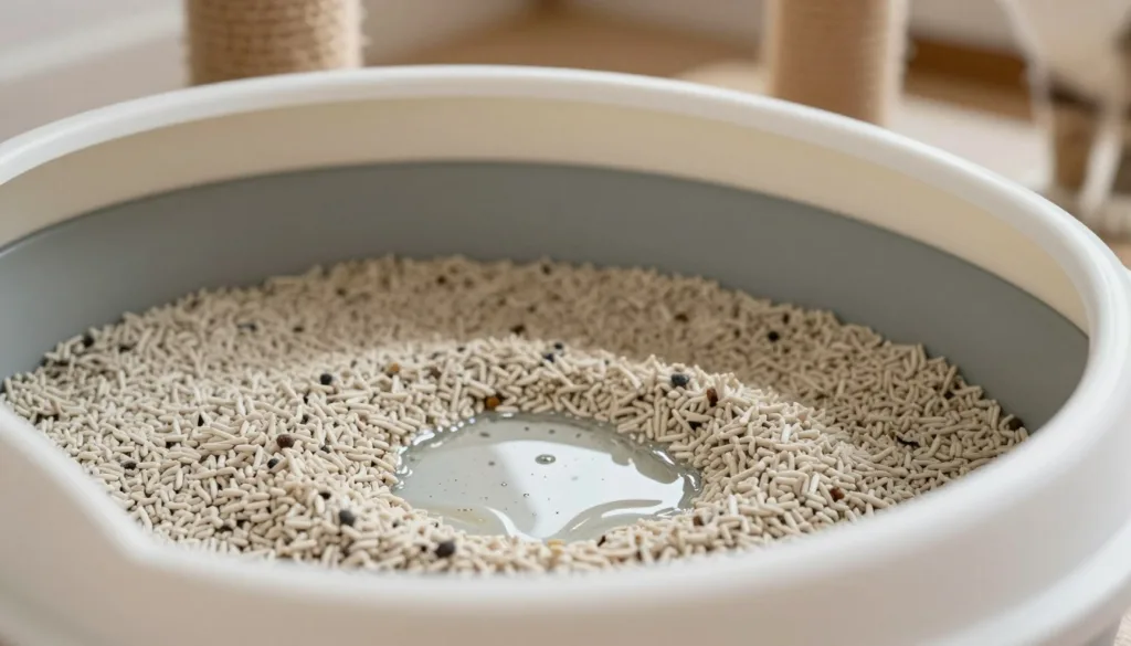 A close-up view of a cat's litter box, featuring vibrant details on the cat litter texture and the surrounding area. In the foreground, focus on a small puddle of clean, clear cat urine that glistens under soft, natural lighting, creating a sense of concern. In the middle ground, showcase the litter box filled with fine, beige litter, with bits of used litter subtly visible for realism. The background should feature a cozy, warmly lit room with a hint of a scratching post and a cat toy, establishing a safe space for the cat. The overall mood is slightly somber yet informative, emphasizing the importance of monitoring feline health while maintaining a clean and well-lit environment. Suggest a shallow depth of field to draw attention to the litter box.