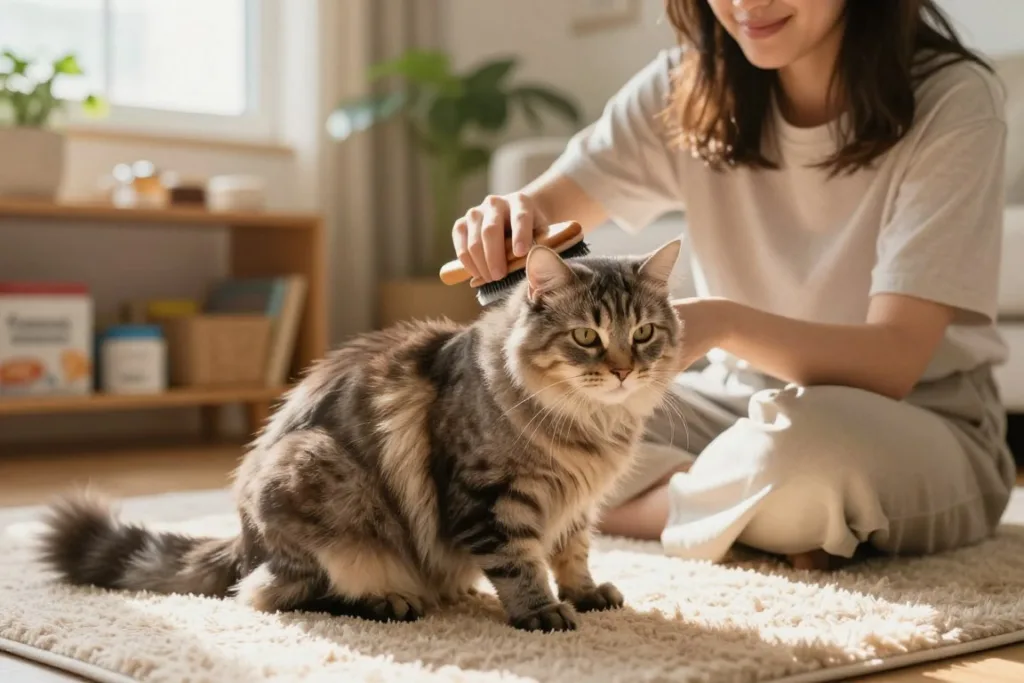 A cozy indoor setting with a well-groomed domestic cat being brushed by a person. In the foreground, the cat, a fluffy tabby, sits comfortably on a plush, soft rug, its fur shining in various shades of gray and brown. The person, dressed in a simple, casual outfit, gently holds a grooming brush while smiling softly, showcasing a caring approach. In the middle, a relaxed atmosphere is created with warm, natural lighting filtering through a window, adding a golden hue to the scene. In the background, a shelf filled with pet care supplies and a potted plant adds a homely touch, illustrating a sense of nurturing and responsibility. The composition emphasizes the importance of the right technique for grooming, embodying a calm and peaceful interaction between the person and the cat.