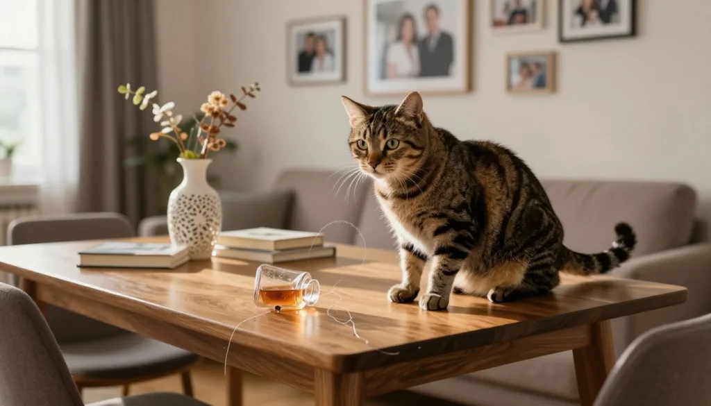 A cozy, modern living room scene featuring a mischievous tabby cat perched precariously on a wooden dining table, surrounded by scattered items like a delicate vase, a stack of books, and a spilled drink. In the foreground, the cat's shiny fur is vividly detailed, with stray cat hairs entangling around the table’s edge, showcasing the hazard of cats in the household. The lighting is warm and soft, coming from a nearby window, casting gentle shadows. In the background, a comfortable sofa and family photographs decorate the wall, creating a homely atmosphere. The focus is on the cat, emphasizing its playful attitude while portraying the potential risks of having pets around delicate household items. The composition captures a sense of caution and warmth.