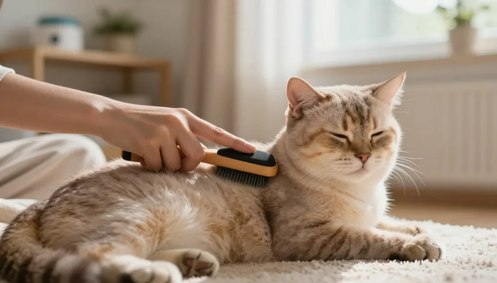 A cozy, softly lit indoor scene focused on a person gently brushing a cat's back. The foreground features a close-up of a hand using a cat brush, emphasizing the soft fur being groomed. In the middle, a relaxed domestic cat enjoys the brushing, with its eyes closed and body comfortably positioned. The background includes subtle elements like a soft blanket draped over a nearby chair and a shelf with pet accessories, creating a warm atmosphere. Natural light filters in through a window, adding a serene glow to the scene. The mood is calm and nurturing, highlighting the technique of stress-free grooming for pets. A cozy, softly lit indoor scene focused on a person gently brushing a cat's back. The foreground features a close-up of a hand using a cat brush, emphasizing the soft fur being groomed. In the middle, a relaxed domestic cat enjoys the brushing, with its eyes closed and body comfortably positioned. The background includes subtle elements like a soft blanket draped over a nearby chair and a shelf with pet accessories, creating a warm atmosphere. Natural light filters in through a window, adding a serene glow to the scene. The mood is calm and nurturing, highlighting the technique of stress-free grooming for pets.