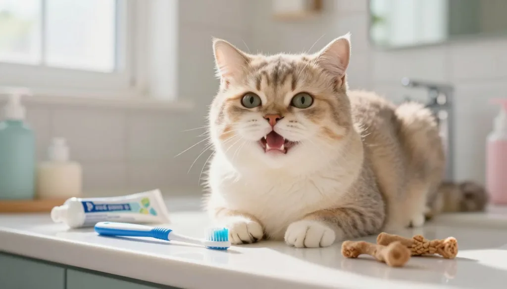 A fluffy domestic cat sitting comfortably on a clean, bright bathroom counter, surrounded by cat dental care items like a toothbrush, toothpaste, and dental treats. The cat has a relaxed expression, its mouth slightly open, showcasing its clean teeth while a gentle beam of sunlight filters through a nearby window, creating a warm and inviting atmosphere. In the background, soft pastel colors of the bathroom décor add a calming touch. The composition focuses closely on the cat's face and dental tools, with a shallow depth of field to softly blur the background. The image conveys a sense of care, hygiene, and the importance of pet dental health practices. A fluffy domestic cat sitting comfortably on a clean, bright bathroom counter, surrounded by cat dental care items like a toothbrush, toothpaste, and dental treats. The cat has a relaxed expression, its mouth slightly open, showcasing its clean teeth while a gentle beam of sunlight filters through a nearby window, creating a warm and inviting atmosphere. In the background, soft pastel colors of the bathroom décor add a calming touch. The composition focuses closely on the cat's face and dental tools, with a shallow depth of field to softly blur the background. The image conveys a sense of care, hygiene, and the importance of pet dental health practices.