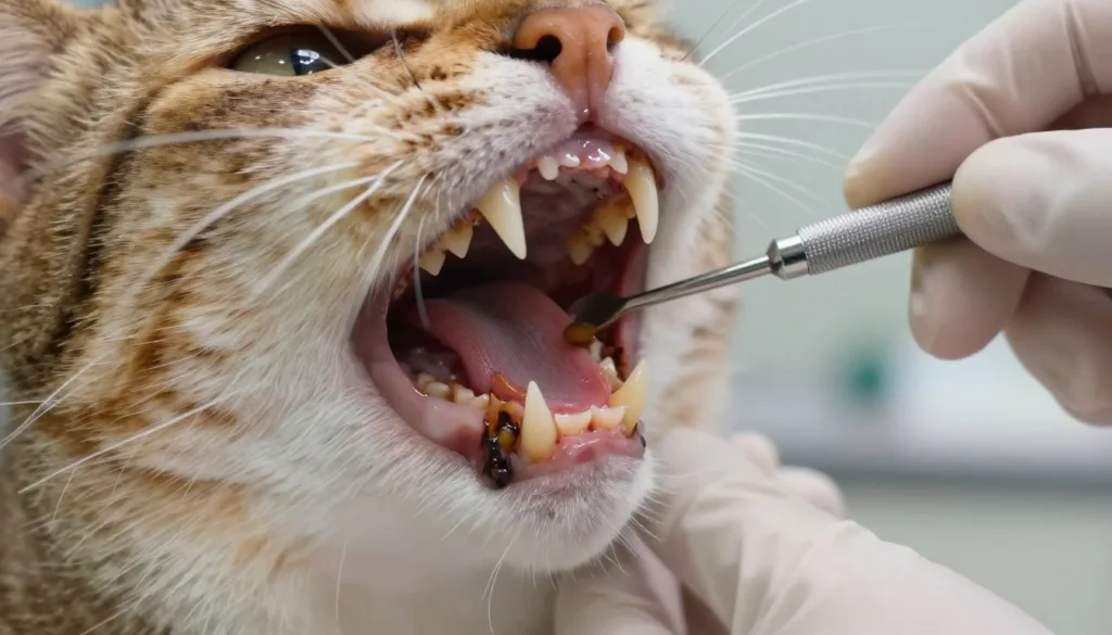 A hyper-realistic close-up of a cat's mouth, showcasing detailed dental structures. The focus is on the teeth, highlighting yellow-brown tartar buildup on the molars and incisors, illustrating the transition from plaque to dental calculus. The foreground features the cat's sharp, pointed teeth glistening slightly with moisture, evoking an intricate examination of dental health. In the middle ground, a veterinarian’s gloved hand holds a dental tool, gently probing the tartar, capturing a sense of care and attention. The background fades softly to an unfocused veterinary clinic environment, using warm, soft lighting to create a calm and clinical atmosphere. The angle is slightly tilted, adding depth to the composition while emphasizing the dental issue and promoting the importance of oral care for cats. A hyper-realistic close-up of a cat's mouth, showcasing detailed dental structures. The focus is on the teeth, highlighting yellow-brown tartar buildup on the molars and incisors, illustrating the transition from plaque to dental calculus. The foreground features the cat's sharp, pointed teeth glistening slightly with moisture, evoking an intricate examination of dental health. In the middle ground, a veterinarian’s gloved hand holds a dental tool, gently probing the tartar, capturing a sense of care and attention. The background fades softly to an unfocused veterinary clinic environment, using warm, soft lighting to create a calm and clinical atmosphere. The angle is slightly tilted, adding depth to the composition while emphasizing the dental issue and promoting the importance of oral care for cats.