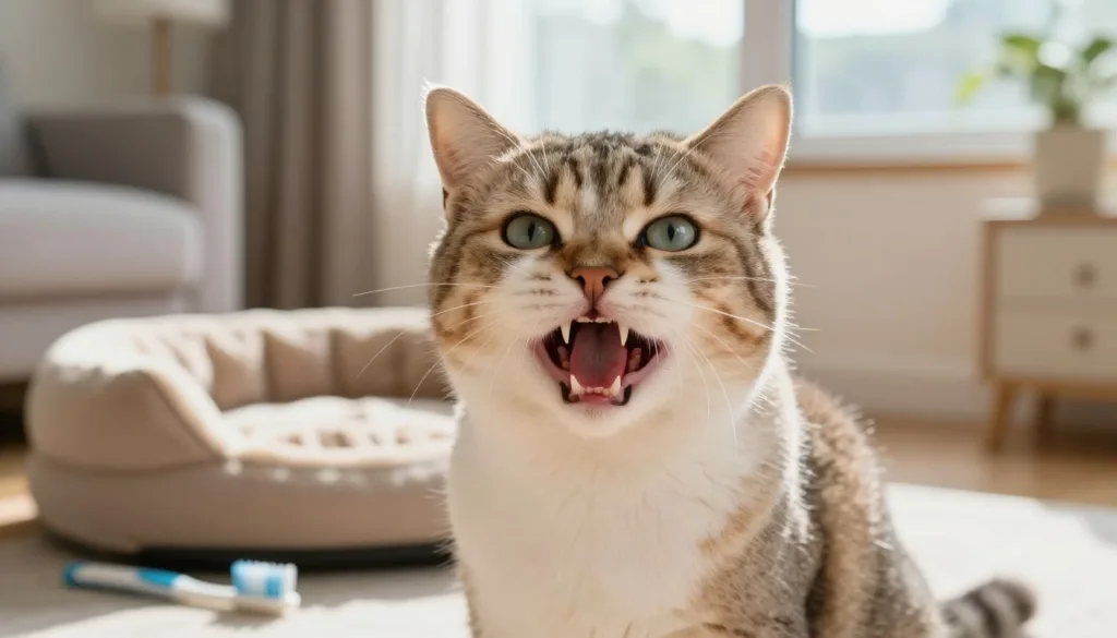 A hyper-realistic depiction of a cat displaying signs of dental problems, situated in a cozy, well-lit living room. In the foreground, a fluffy domestic cat with a slightly open mouth reveals discolored teeth and swollen gums, emphasizing its dental distress. Its wide, expressive eyes convey a sense of discomfort. In the middle ground, a soft, inviting cat bed is visible, alongside a few dental care tools like a toothbrush and dental treats, highlighting the topic of cat dental health. The background features a window with natural light streaming in, casting gentle shadows that create a warm atmosphere. The scene is tranquil yet subtly conveys the importance of recognizing dental issues in pets, aimed at raising awareness and promoting good dental hygiene in cats. A hyper-realistic depiction of a cat displaying signs of dental problems, situated in a cozy, well-lit living room. In the foreground, a fluffy domestic cat with a slightly open mouth reveals discolored teeth and swollen gums, emphasizing its dental distress. Its wide, expressive eyes convey a sense of discomfort. In the middle ground, a soft, inviting cat bed is visible, alongside a few dental care tools like a toothbrush and dental treats, highlighting the topic of cat dental health. The background features a window with natural light streaming in, casting gentle shadows that create a warm atmosphere. The scene is tranquil yet subtly conveys the importance of recognizing dental issues in pets, aimed at raising awareness and promoting good dental hygiene in cats.