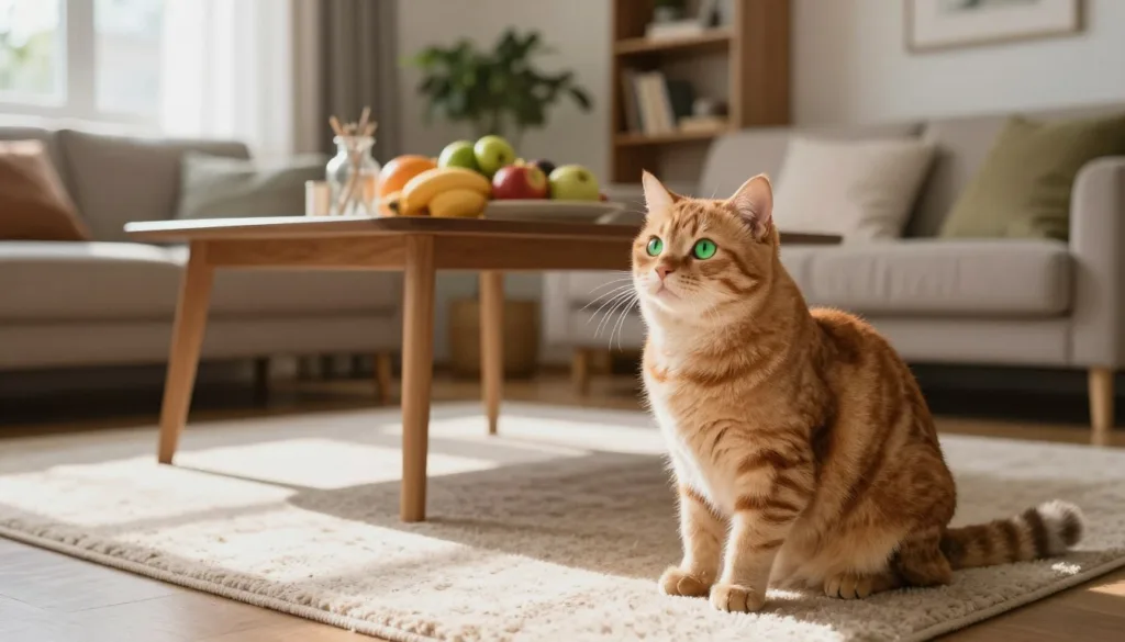 A hyper-realistic scene featuring a cat in a cozy living room, focusing on its playful yet curious demeanor. In the foreground, the cat, a fluffy ginger tabby with bright green eyes, sits attentively on a plush rug, looking towards a dining table in the middle ground. The table is set with a tasteful arrangement of fruit and decorative items, emphasizing the training context. Soft, natural light filters in through a nearby window, casting gentle shadows and creating a warm atmosphere. The background is filled with tasteful décor, including plants and bookshelves, to enhance the homey feel. The overall mood should convey a sense of calm and encouragement, ideal for depicting realistic training goals for cats.