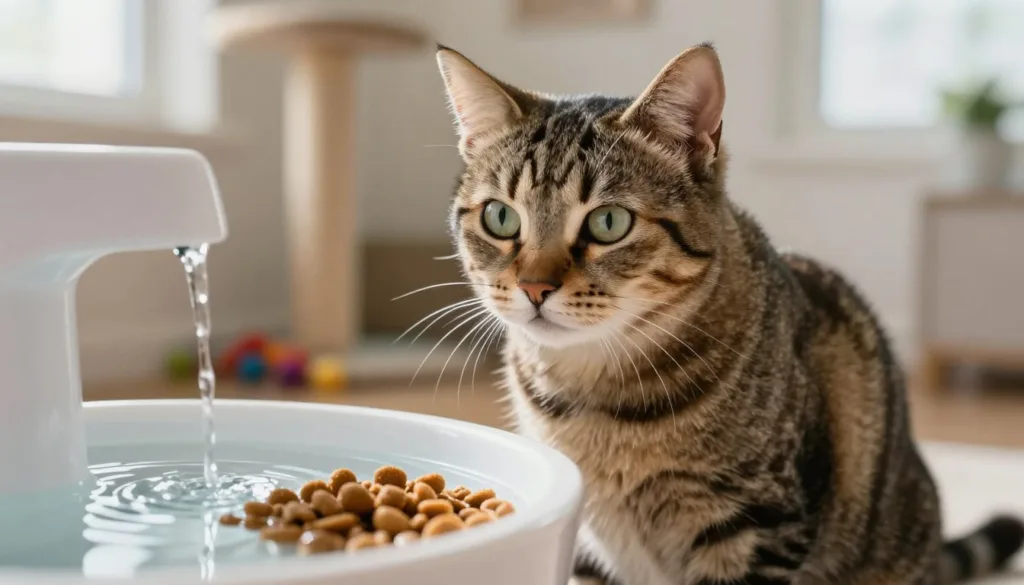 A realistic depiction of a concerned tabby cat sitting at a pet water fountain and food bowl, with its ears slightly tilted and wide, alert eyes, conveying a sense of unease. In the foreground, the cat’s paws are positioned near the food bowl, which contains kibble, while the fountain gently trickles water, reflecting soft light. The middle ground features a cozy home environment with a hint of natural light streaming in through a window, creating a warm ambiance. The background subtly shows a wall with pet-related items like a scratching post and toys. The overall atmosphere should evoke a sense of concern and attention to the cat's health, capturing the essence of appetite and thirst issues. Ensure the lighting is bright yet soft to focus on the cat's expression.