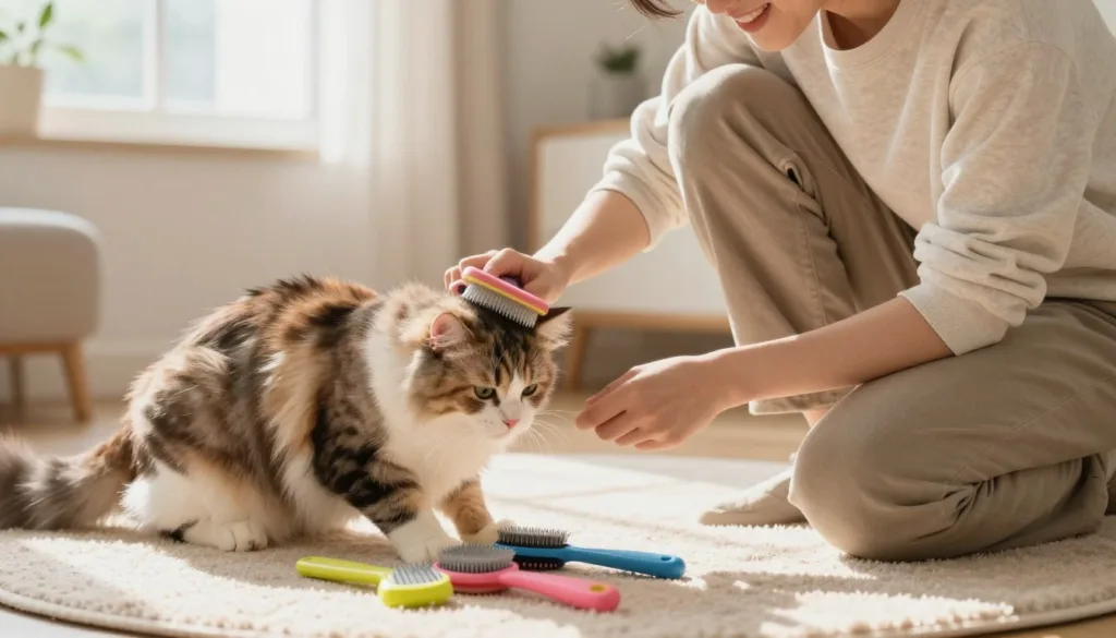A serene indoor scene featuring a person gently brushing a fluffy cat, illustrating the concept of stress-free grooming. In the foreground, the person, dressed in cozy but modest casual clothing, is crouched down on a soft rug, focused and smiling, creating a bond with the cat. The cat, a medium-haired breed with a beautiful blend of colors, appears calm and relaxed, leaning into the brush. In the middle, colorful grooming tools are neatly arranged, adding context to the scene. The background showcases a bright, inviting room with soft natural light filtering through a window, casting gentle shadows. The overall mood is warm, nurturing, and peaceful, emphasizing the cooperative nature of the grooming process. A serene indoor scene featuring a person gently brushing a fluffy cat, illustrating the concept of stress-free grooming. In the foreground, the person, dressed in cozy but modest casual clothing, is crouched down on a soft rug, focused and smiling, creating a bond with the cat. The cat, a medium-haired breed with a beautiful blend of colors, appears calm and relaxed, leaning into the brush. In the middle, colorful grooming tools are neatly arranged, adding context to the scene. The background showcases a bright, inviting room with soft natural light filtering through a window, casting gentle shadows. The overall mood is warm, nurturing, and peaceful, emphasizing the cooperative nature of the grooming process.