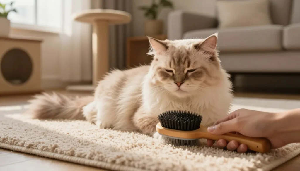 A serene indoor scene showcasing a beautiful, long-haired domestic cat being brushed on a plush rug. The cat, with soft, fluffy fur in shades of cream and light brown, appears relaxed and content, its eyes gently closed. The foreground features a human hand holding a soft grooming brush, highlighting the careful and loving interaction. In the middle, a cozy living room setting is visible, with a warm glow from a nearby window casting gentle light on the cat and brush. The background includes tasteful cat-themed decor, such as a scratching post and cat toys, enhancing the homey atmosphere. The overall mood is calm and peaceful, emphasizing the bond between pet and owner during grooming. A serene indoor scene showcasing a beautiful, long-haired domestic cat being brushed on a plush rug. The cat, with soft, fluffy fur in shades of cream and light brown, appears relaxed and content, its eyes gently closed. The foreground features a human hand holding a soft grooming brush, highlighting the careful and loving interaction. In the middle, a cozy living room setting is visible, with a warm glow from a nearby window casting gentle light on the cat and brush. The background includes tasteful cat-themed decor, such as a scratching post and cat toys, enhancing the homey atmosphere. The overall mood is calm and peaceful, emphasizing the bond between pet and owner during grooming.