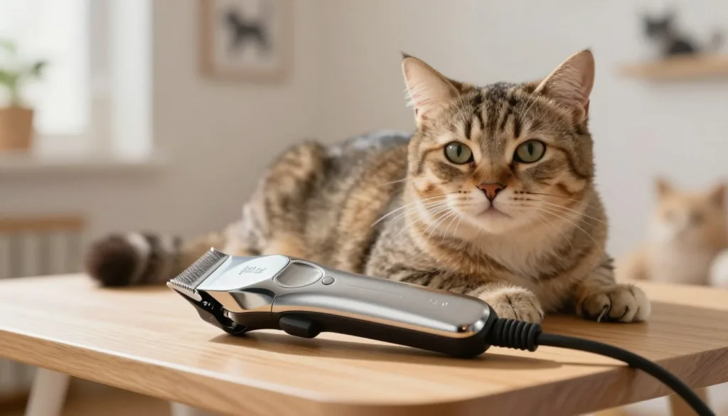 A serene pet grooming scene featuring a close-up of a cat claw clipper (krallenschere) resting on a wooden grooming table. The foreground showcases the clipper's sleek design, with shiny stainless steel blades glistening in soft, natural sunlight. In the middle, a relaxed domestic cat, perhaps a fluffy tabby, sits comfortably beside the clipper, its mischievous eyes gazing directly at the viewer. The background is softly blurred, depicting a cozy and well-lit room with cat-themed decorations and a few plush toys scattered around, enhancing the homey atmosphere. Employ a warm color palette to evoke a sense of calm and trust. The image should be ultra-realistic, aiming for crisp details and a lifelike representation, with soft focus and gentle lighting to create a peaceful mood. A serene pet grooming scene featuring a close-up of a cat claw clipper (krallenschere) resting on a wooden grooming table. The foreground showcases the clipper's sleek design, with shiny stainless steel blades glistening in soft, natural sunlight. In the middle, a relaxed domestic cat, perhaps a fluffy tabby, sits comfortably beside the clipper, its mischievous eyes gazing directly at the viewer. The background is softly blurred, depicting a cozy and well-lit room with cat-themed decorations and a few plush toys scattered around, enhancing the homey atmosphere. Employ a warm color palette to evoke a sense of calm and trust. The image should be ultra-realistic, aiming for crisp details and a lifelike representation, with soft focus and gentle lighting to create a peaceful mood.