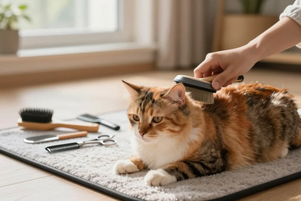 A serene scene featuring a fluffy, well-groomed cat in the foreground, lying on a soft, plush grooming mat. The cat has a glossy coat with vibrant colors and is being gently brushed by a person’s hand, showcasing the bond between pet and owner. In the middle ground, an array of grooming tools such as brushes, combs, and scissors are neatly arranged, emphasizing the importance of grooming. The background is softly blurred with warm, natural light filtering through a window, creating a cozy and inviting atmosphere. The setting is a peaceful home environment, with calming tones and textures that evoke a sense of care and nurturing. The focus is on the cat's fur and the gentle action of brushing, illustrating the significance of coat maintenance in feline health.