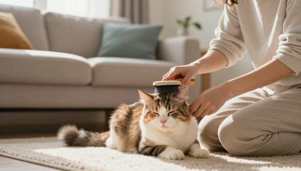A serene, ultra-realistic scene featuring a gentle, fluffy cat being brushed in a cozy living room. In the foreground, a person, dressed in simple, casual clothing, kneels on a soft rug, patiently grooming the cat with a sleek brush. The cat, showcasing a beautiful coat with a variety of colors, appears relaxed and content, with its eyes closed. In the middle ground, a plush sofa with a few colorful cushions adds to the warmth of the atmosphere. The background reveals a softly lit window that lets in natural sunlight, casting a warm glow throughout the room. The overall mood conveys tranquility and comfort, highlighting the bond between the person and their feline companion during a stress-free grooming session. A serene, ultra-realistic scene featuring a gentle, fluffy cat being brushed in a cozy living room. In the foreground, a person, dressed in simple, casual clothing, kneels on a soft rug, patiently grooming the cat with a sleek brush. The cat, showcasing a beautiful coat with a variety of colors, appears relaxed and content, with its eyes closed. In the middle ground, a plush sofa with a few colorful cushions adds to the warmth of the atmosphere. The background reveals a softly lit window that lets in natural sunlight, casting a warm glow throughout the room. The overall mood conveys tranquility and comfort, highlighting the bond between the person and their feline companion during a stress-free grooming session.